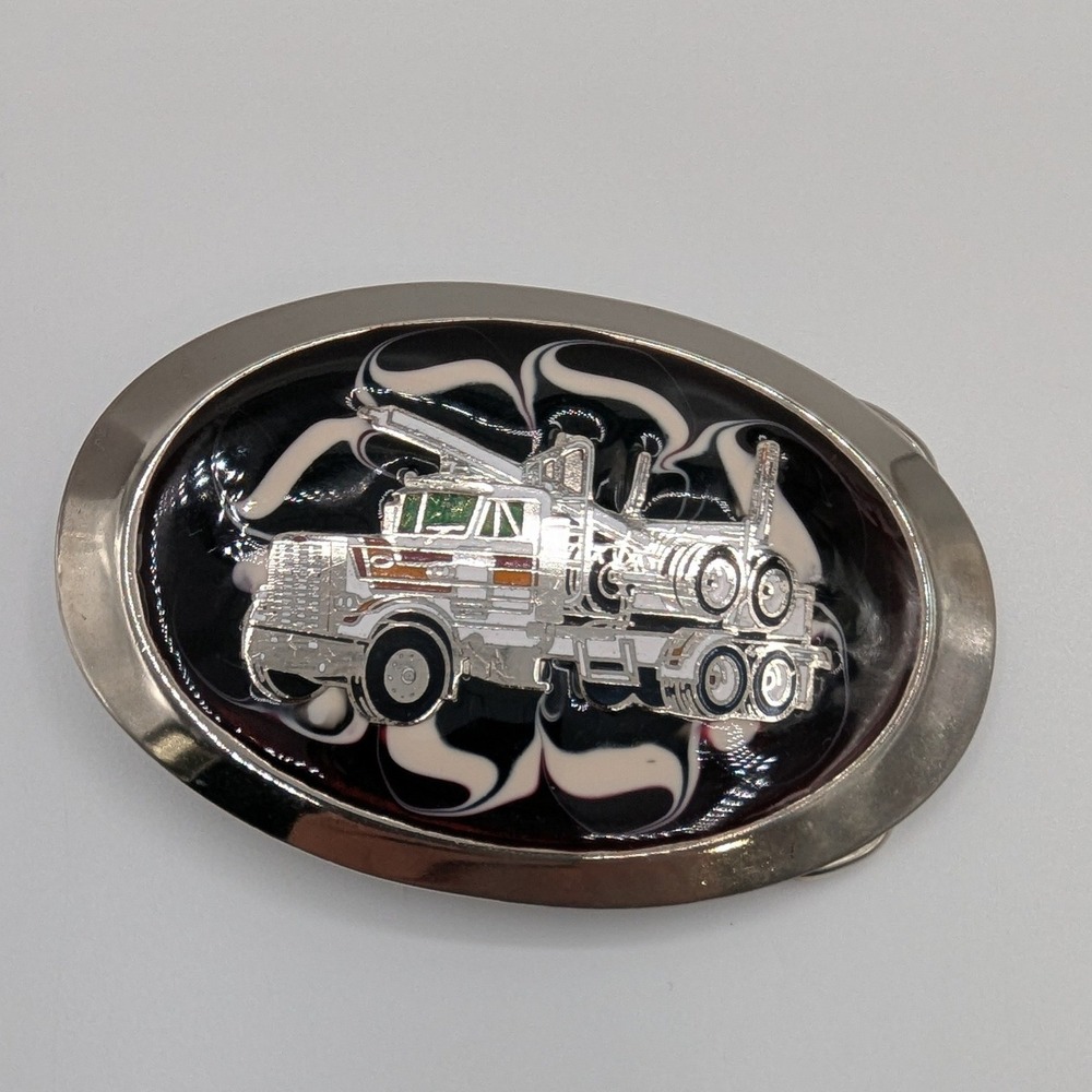 Vintage Logging Truck Belt Buckle Silver Tone Enamel Semi Truck Oval Graphic